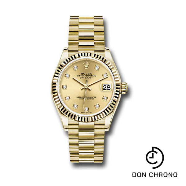 Rolex Yellow Gold Datejust 31 Watch - Fluted Bezel - Champagne Diamond Dial - President Bracelet - 278278 chdp