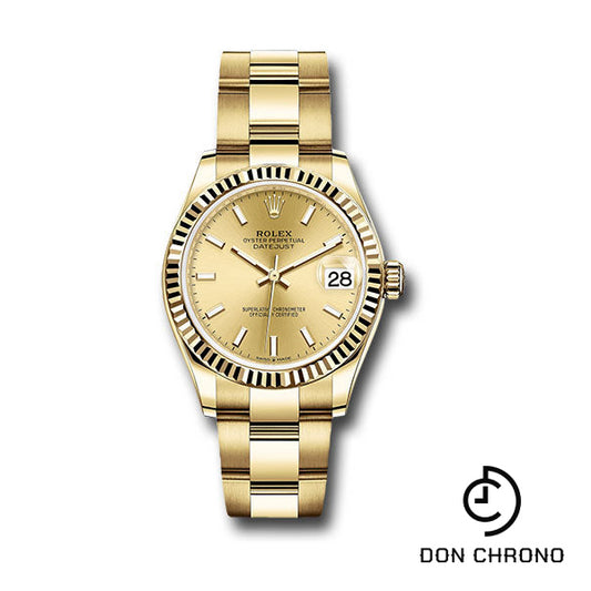 Rolex Yellow Gold Datejust 31 Watch - Fluted Bezel - Champagne Index Dial - Oyster Bracelet - 278278 chio