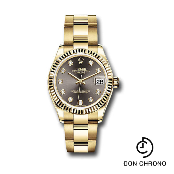 Rolex Yellow Gold Datejust 31 Watch - Fluted Bezel - Dark Grey Diamond Dial - Oyster Bracelet - 278278 dkgdo