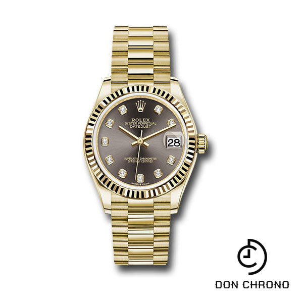 Rolex Yellow Gold Datejust 31 Watch - Fluted Bezel - Dark Grey Diamond Dial - President Bracelet - 278278 dkgdp