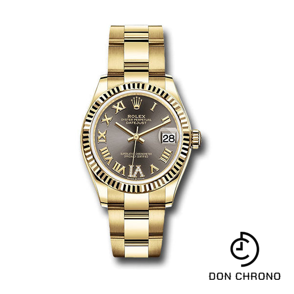 Rolex Yellow Gold Datejust 31 Watch - Fluted Bezel - Dark Grey Diamond Six Dial - Oyster Bracelet - 278278 dkgdr6o