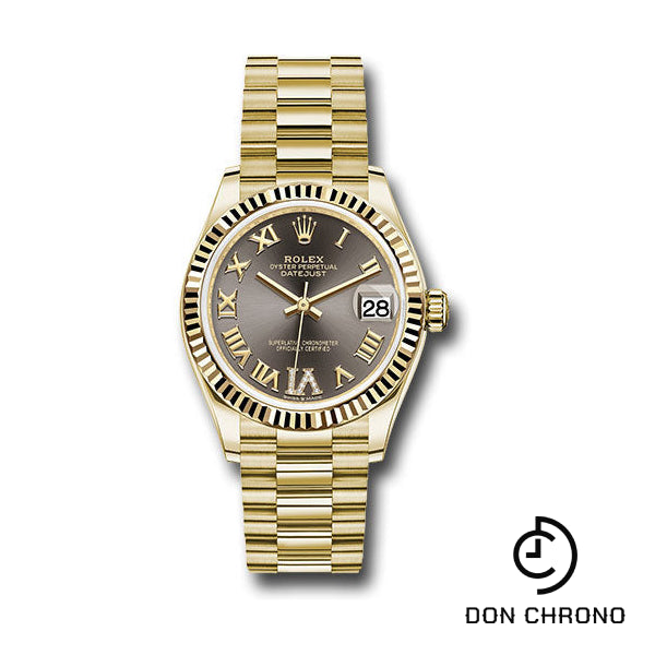 Rolex Yellow Gold Datejust 31 Watch - Fluted Bezel - Dark Grey Diamond Six Dial - President Bracelet - 278278 dkgdr6p