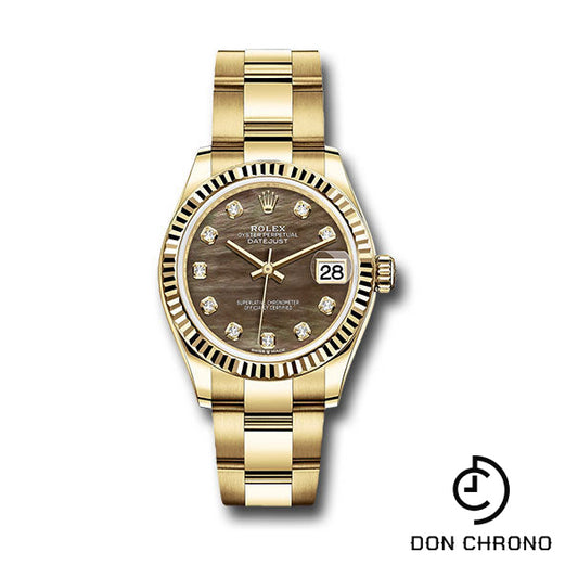 Rolex Yellow Gold Datejust 31 Watch - Fluted Bezel - Dark Mother-of-Pearl Diamond Dial - Oyster Bracelet - 278278 dkmdo