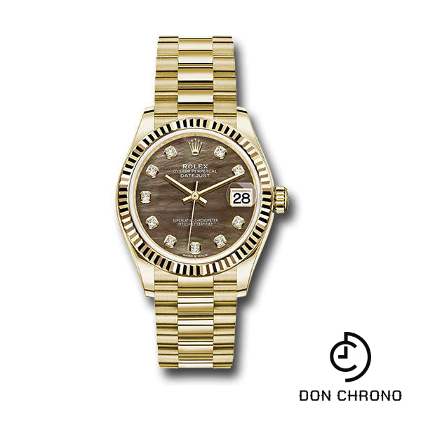 Rolex Yellow Gold Datejust 31 Watch - Fluted Bezel - Dark Mother-of-Pearl Diamond Dial - President Bracelet - 278278 dkmdp