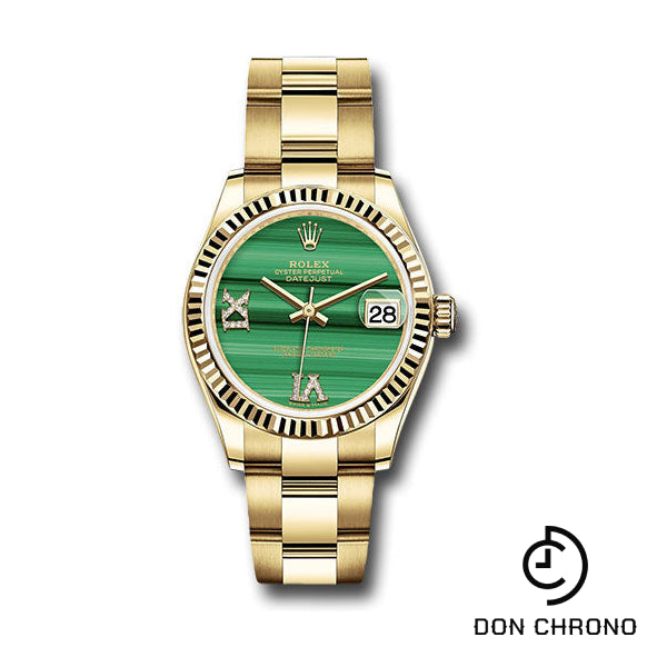 Rolex Yellow Gold Datejust 31 Watch - Fluted Bezel - Malachite Diamond Six and Nine Dial - Oyster Bracelet - 278278 madr69o