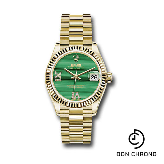 Rolex Yellow Gold Datejust 31 Watch - Fluted Bezel - Malachite Diamond Six and Nine Dial - President Bracelet - 278278 madr69p