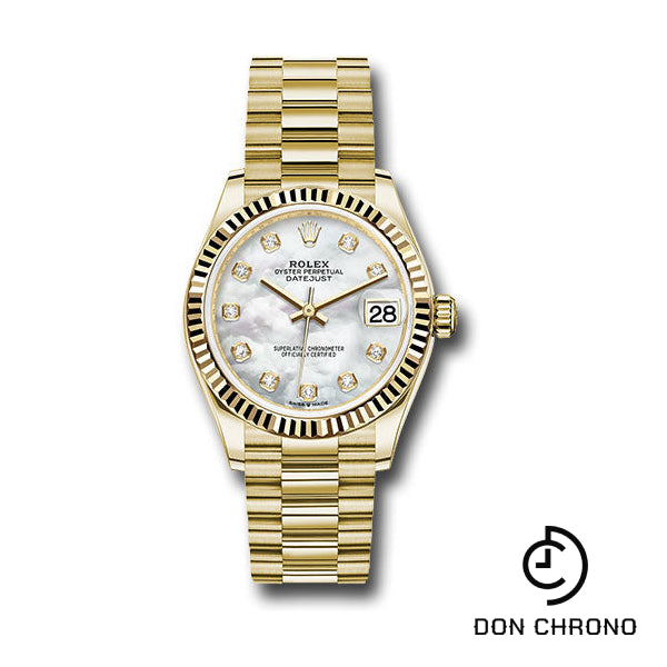 Rolex Yellow Gold Datejust 31 Watch - Fluted Bezel - Mother-of-Pearl Diamond Dial - President Bracelet - 278278 mdp