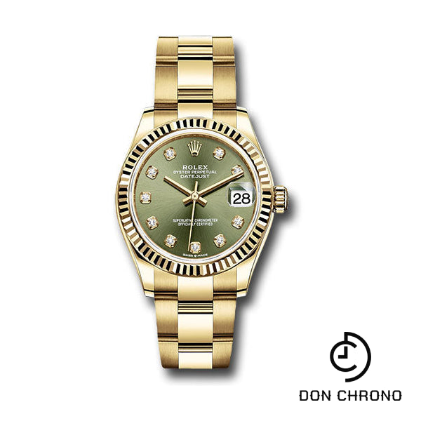 Rolex Yellow Gold Datejust 31 Watch - Fluted Bezel - Olive Green Diamond Dial - Oyster Bracelet - 278278 ogdo