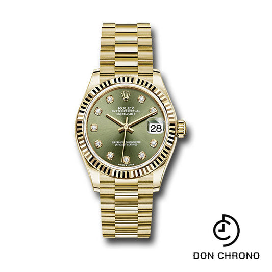 Rolex Yellow Gold Datejust 31 Watch - Fluted Bezel - Olive Green Diamond Dial - President Bracelet - 278278 ogdp