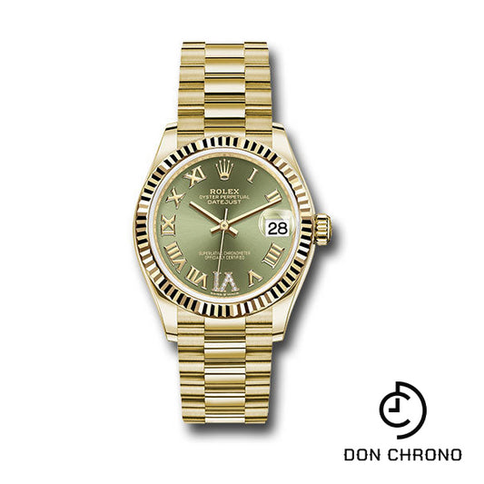 Rolex Yellow Gold Datejust 31 Watch - Fluted Bezel - Olive Green Diamond Six Dial - President Bracelet - 278278 ogdr6p