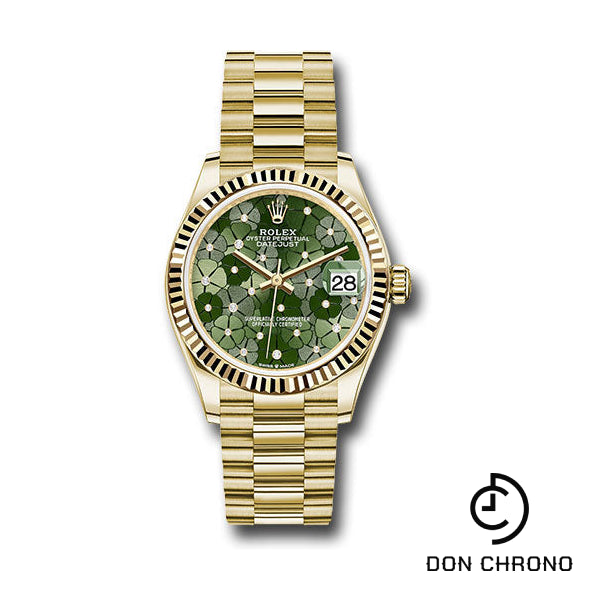 Rolex Yellow Gold Datejust 31 Watch - Fluted Bezel - Olive Green Floral Motif Diamond 6 Dial - President Bracelet - 278278 ogflomdp