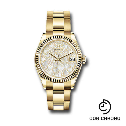 Rolex Yellow Gold Datejust 31 Watch - Fluted Bezel - Paved Mother-of-Pearl Butterfly Dial - Oyster Bracelet - 278278 pmopbo