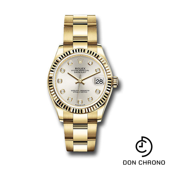 Rolex Yellow Gold Datejust 31 Watch - Fluted Bezel - Silver Diamond Dial - Oyster Bracelet - 278278 sdo