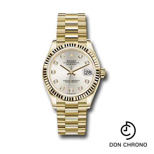 Rolex Yellow Gold Datejust 31 Watch - Fluted Bezel - Silver Diamond Dial - President Bracelet - 278278 sdp