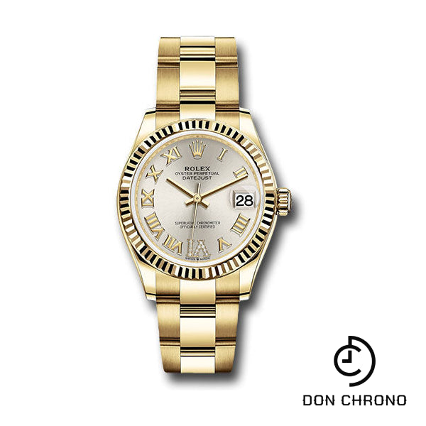 Rolex Yellow Gold Datejust 31 Watch - Fluted Bezel - Silver Diamond Six Dial - Oyster Bracelet - 278278 sdr6o