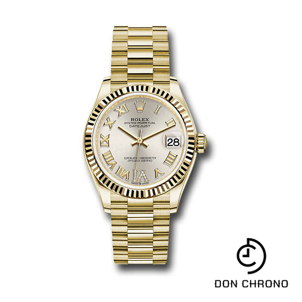 Rolex Yellow Gold Datejust 31 Watch - Fluted Bezel - Silver Diamond Six Dial - President Bracelet - 278278 sdr6p