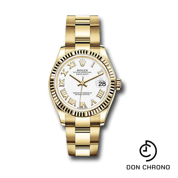 Rolex Yellow Gold Datejust 31 Watch - Fluted Bezel - White Roman Dial - Oyster Bracelet - 278278 wro