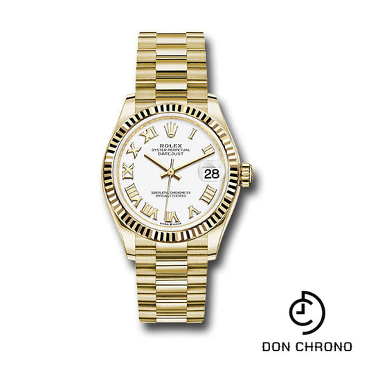 Rolex Yellow Gold Datejust 31 Watch - Fluted Bezel - White Roman Dial - President Bracelet - 278278 wrp