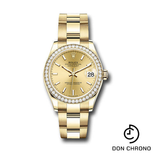 Rolex Yellow Gold Datejust 31 Watch - Diamond Bezel - Champagne Index Dial - Oyster Bracelet - 278288RBR chio