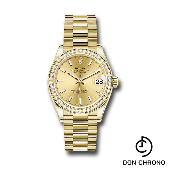 Rolex Yellow Gold Datejust 31 Watch - Diamond Bezel - Champagne Index Dial - President Bracelet - 278288RBR chip