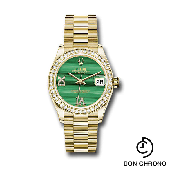 Rolex Yellow Gold Datejust 31 Watch - Diamond Bezel - Malachite Diamond Six and Nine Dial - President Bracelet - 278288RBR madr69p