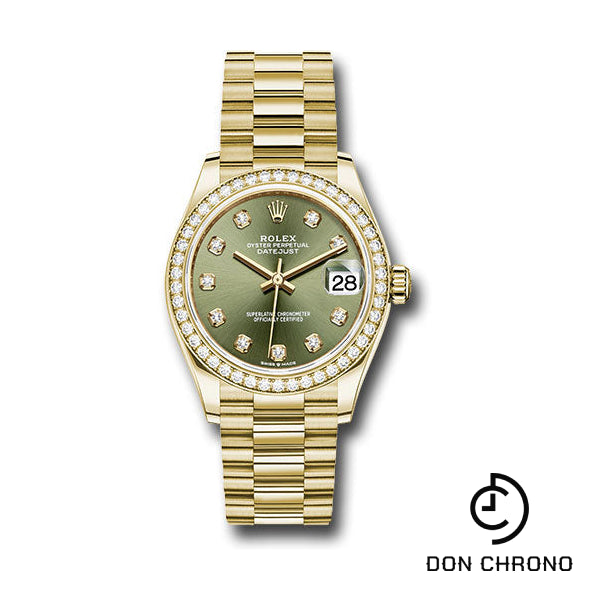 Rolex Yellow Gold Datejust 31 Watch - Diamond Bezel - Olive Green Diamond Dial - President Bracelet - 278288RBR ogdp