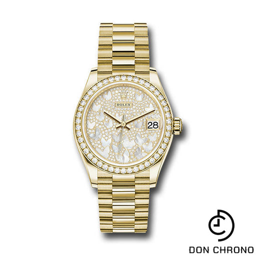 Rolex Yellow Gold Datejust 31 Watch - Diamond Bezel - Paved Mother-of-Pearl Butterfly Dial - President Bracelet - 278288RBR pmopbp