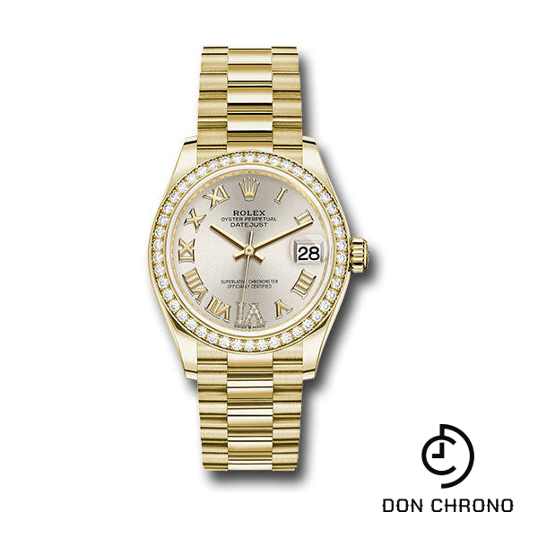 Rolex Yellow Gold Datejust 31 Watch - Diamond Bezel - Silver Diamond Six Dial - President Bracelet - 278288RBR sdr6p