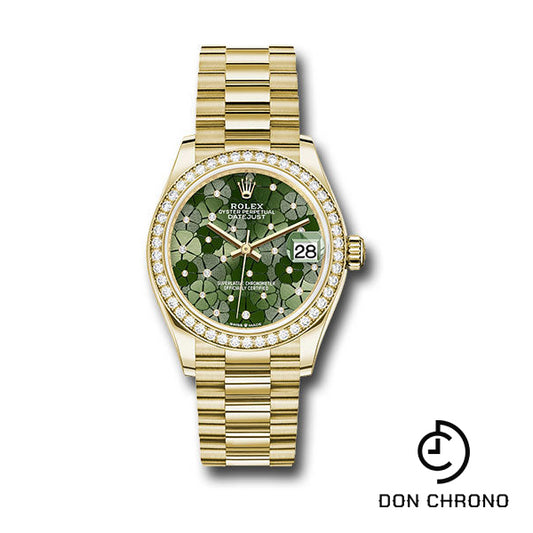 Rolex Yellow Gold Datejust 31 Watch - Diamond Bezel - Olive Green Floral Motif Diamond 6 Dial - President Bracelet - 278288rbr ogflomdp