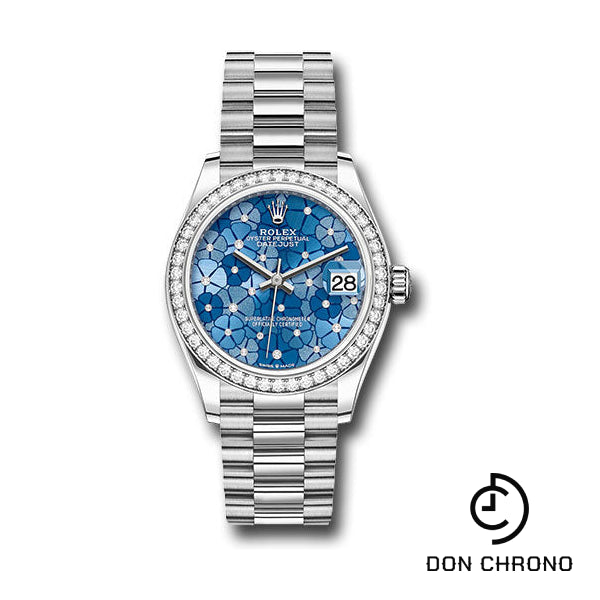 Rolex White Gold Datejust 31 Watch - Diamond Bezel - Azzurro Blue Floral Motif Diamond Dial - President Bracelet - 278289rbr azflomdp