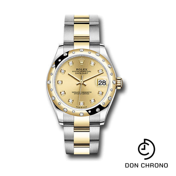 Rolex Steel and Yellow Gold Datejust 31 Watch - Domed Diamond Bezel - Champagne Diamond Dial - Oyster Bracelet - 278343 chdo