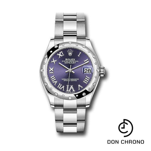 Rolex Steel and White Gold Datejust 31 Watch - Domed 24 Diamond Bezel - Aubergine Roman Diamond 6 Dial - Oyster Bracelet - 278344RBR aubdr6o