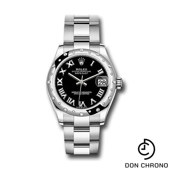 Rolex Steel and White Gold Datejust 31 Watch - Domed 24 Diamond Bezel - Black Roman Dial - Oyster Bracelet - 278344RBR bkro
