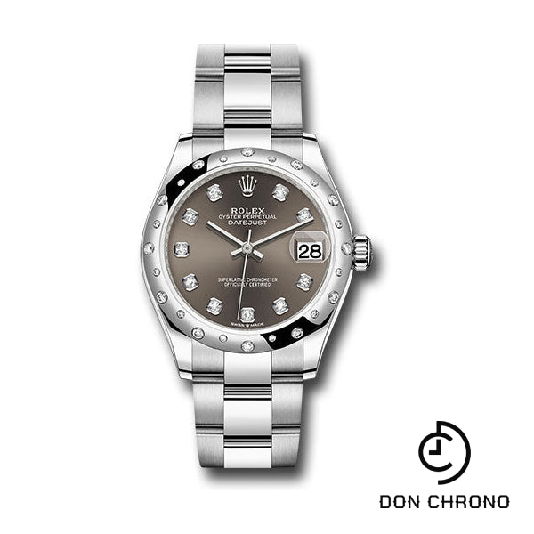 Rolex Steel and White Gold Datejust 31 Watch - Domed 24 Diamond Bezel - Dark Grey Diamond Dial - Oyster Bracelet - 278344RBR dkgdo