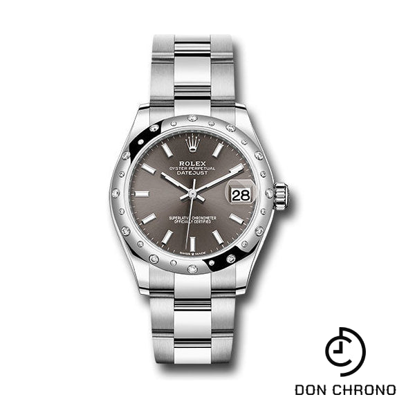 Rolex Steel and White Gold Datejust 31 Watch - Domed 24 Diamond Bezel - Dark Grey Index Dial - Oyster Bracelet - 278344RBR dkgio