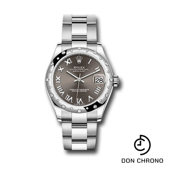 Rolex Steel and White Gold Datejust 31 Watch - Domed 24 Diamond Bezel - Dark Grey Roman Dial - Oyster Bracelet - 278344RBR dkgro