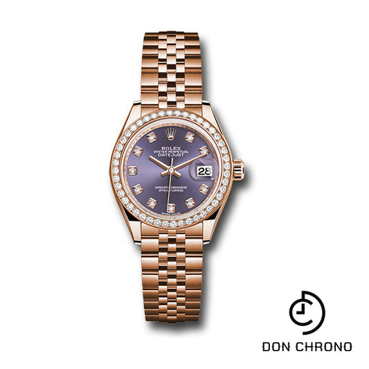 Rolex Everose Gold Lady-Datejust 28 Watch - 44 Diamond Bezel - Aubergine Diamond Dial - Jubilee Bracelet - 279135RBR adj