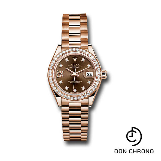 Rolex Everose Gold Lady-Datejust 28 Watch - 44 Diamond Bezel - Chocolate Diamond Star Dial - President Bracelet - 279135RBR cho9dix8dp