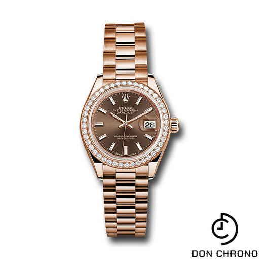 Rolex Everose Gold Lady-Datejust 28 Watch - 44 Diamond Bezel - Chocolate Index Dial - President Bracelet - 279135RBR choip