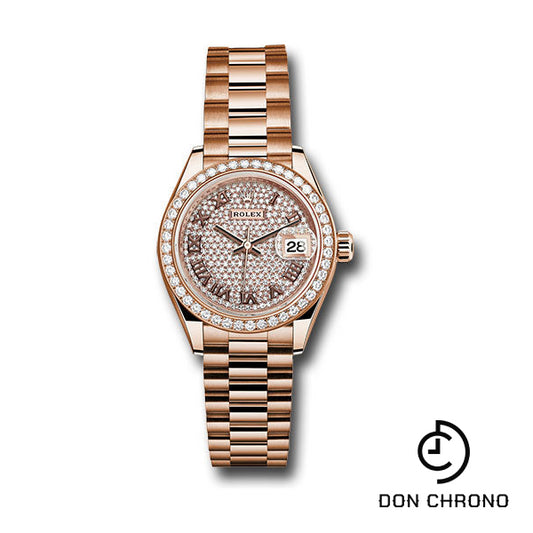 Rolex Everose Gold Lady-Datejust 28 Watch - 44 Diamond Bezel - Sundust Roman Dial - President Bracelet - 279135RBR dprp