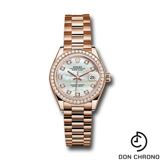 Rolex Everose Gold Lady-Datejust 28 Watch - 44 Diamond Bezel - Mother-of-Pearl Diamond Dial - President Bracelet - 279135RBR mdp