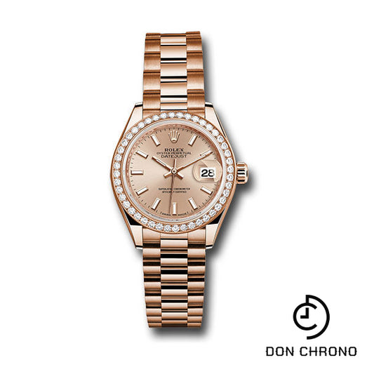 Rolex Everose Gold Lady-Datejust 28 Watch - 44 Diamond Bezel - Pink Sundust Index Dial - President Bracelet - 279135RBR pip