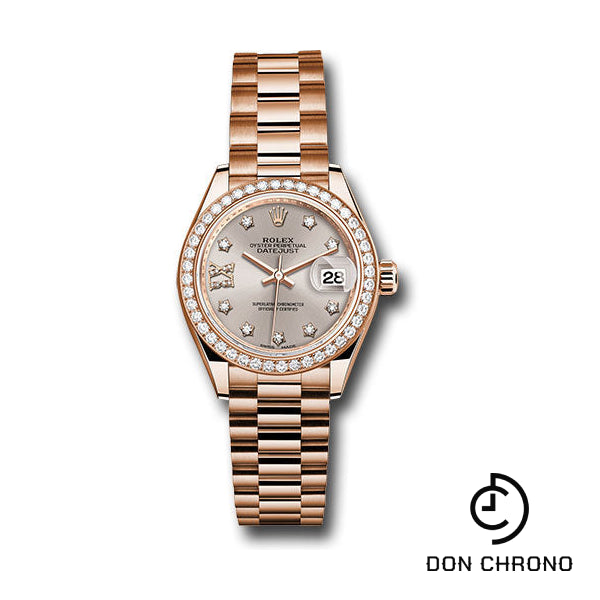 Rolex Everose Gold Lady-Datejust 28 Watch - 44 Diamond Bezel - Silver Sundust Diamond Star Dial - President Bracelet - 279135RBR s9dix8dp