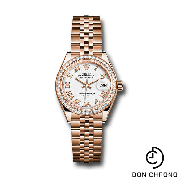 Rolex Everose Gold Lady-Datejust 28 Watch - 44 Diamond Bezel - White Roman Dial - Jubilee Bracelet - 279135RBR wrj