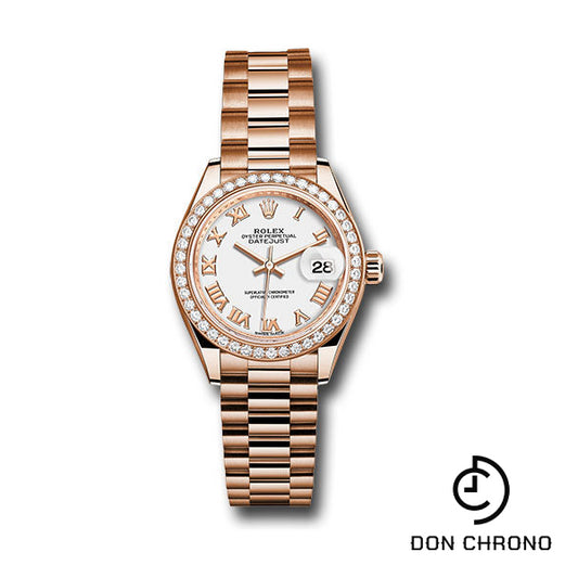 Rolex Everose Gold Lady-Datejust 28 Watch - 44 Diamond Bezel - White Roman Dial - President Bracelet - 279135RBR wrp