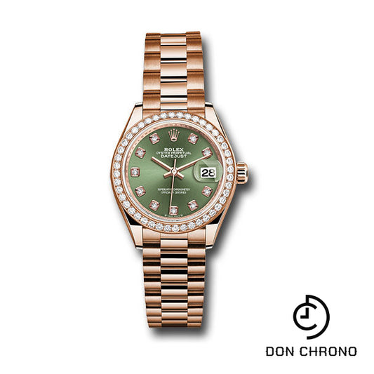 Rolex Everose Gold Lady-Datejust Watch - Diamond Bezel - Olive Green Diamond 6 Dial - President Bracelet - 279135rbr ogdp