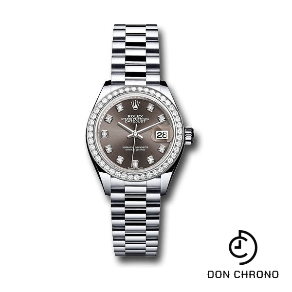 Rolex Platinum Lady-Datejust 28 Watch - 44 Diamond Bezel - Dark Grey Diamond Dial - President Bracelet - 279136RBR dkgdp