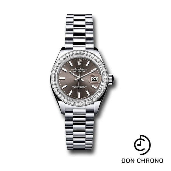 Rolex Platinum Lady-Datejust 28 Watch - 44 Diamond Bezel - Dark Grey Index Dial - President Bracelet - 279136RBR dkgip