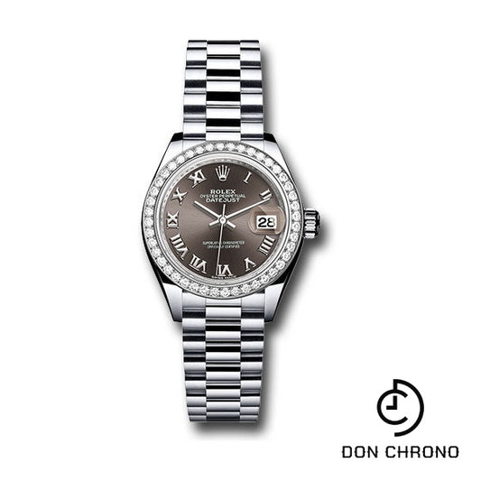 Rolex Platinum Lady-Datejust 28 Watch - 44 Diamond Bezel - Dark Grey Roman Dial - President Bracelet - 279136RBR dkgrp