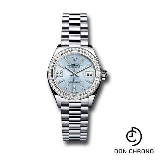 Rolex Platinum Lady-Datejust 28 Watch - 44 Diamond Bezel - Ice Blue Diamond Index Dial - President Bracelet - 279136RBR ib36dix8dp